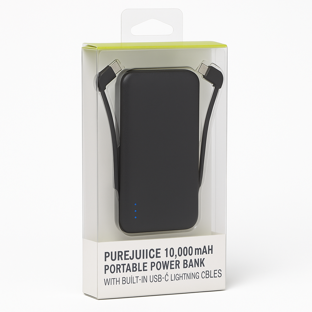 [818719024794] Puregear Purejuice 10,000mah Portable Power Bank With Built-In Usb-C & Lightning Cables