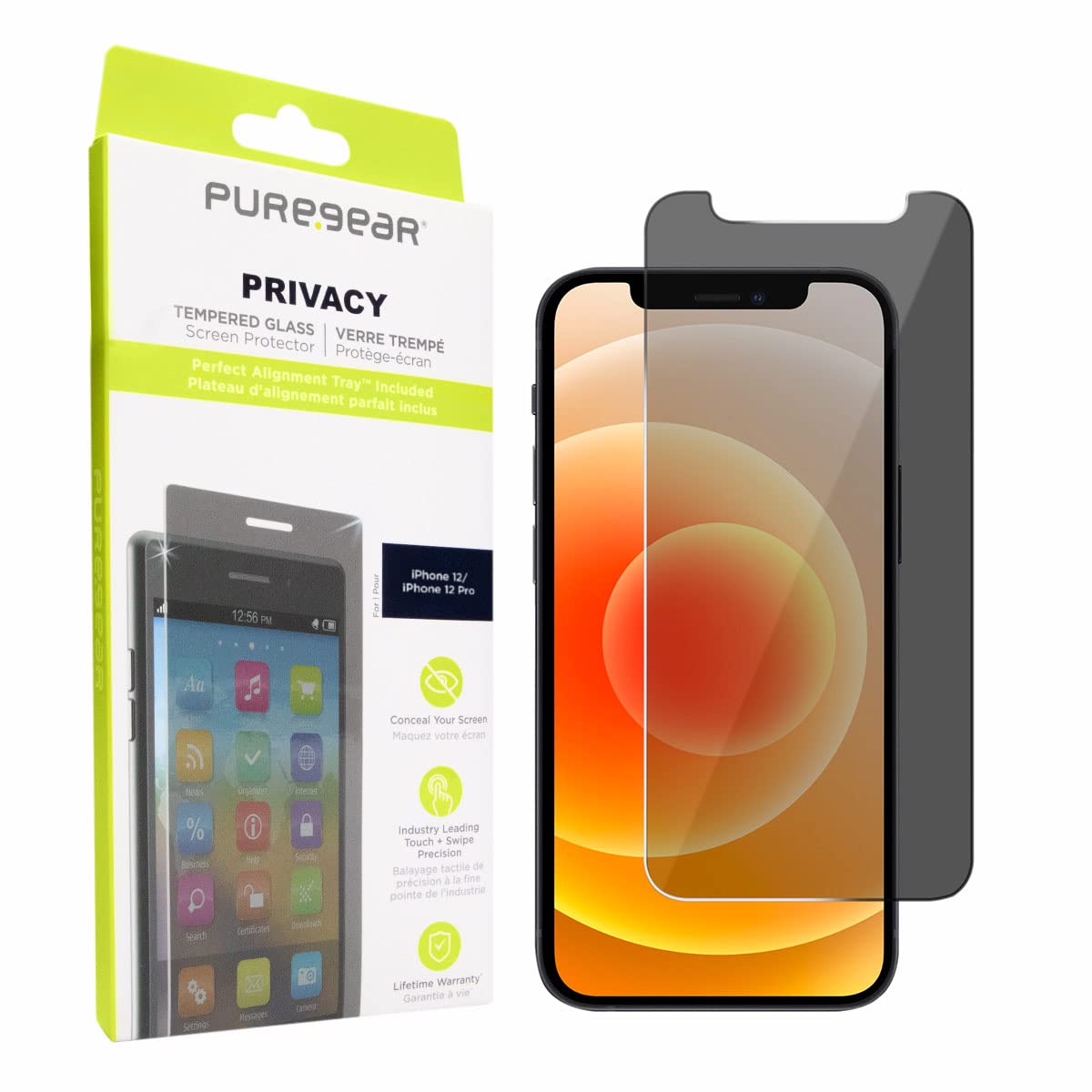 Puregear 2-Way Privacy Tempered Glass Screen Protector Compatible W/ Apple Iphone 12 / 12 Pro 6.1" (2020), Self Alignment Installation Tray, Touch Sensitive, Case Friendly, Anti-Fingerprint Coating