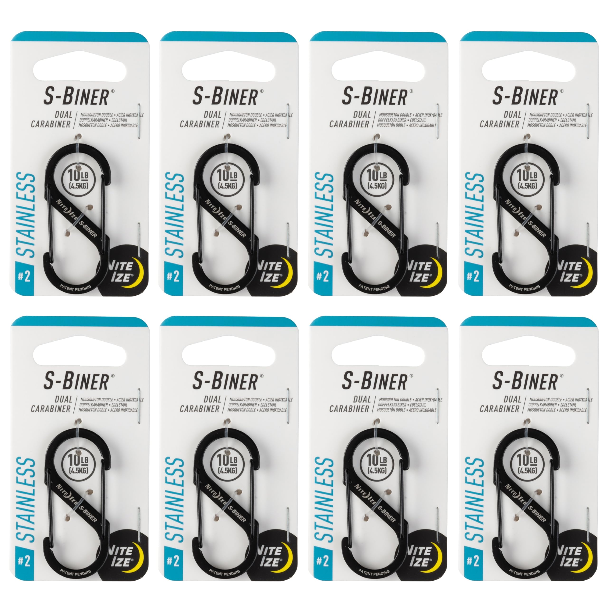 Nite Ize S-Biner Stainless Steel Dual Carabiner Multi Purpose Dual Carabiner Clip Great For Camping Supplies & Hiking Essentials Secure Key Holder Size 2, Black (8 Pack)