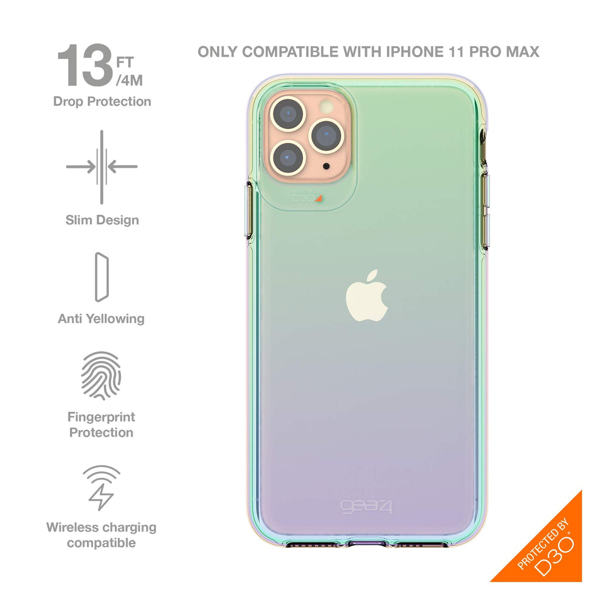 [840056100916] Zagg Gear4 Crystal Palace Iridescent Compatible With Iphone 11 Pro Max Case, Advanced Impact Protection With Integrated D3o Technology, Anti-Yellowing, Phone Cover – Iridescent (702003725)