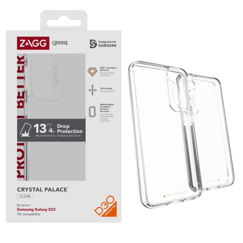 Zagg Gear4 Crystal Palace Phone Case, D30 Drop Protection (13ft/4m), Sleek & Transparent Samsung Galaxy S23 Series Case, Anti-Fingerprint & Anti-Yellowing Properties, Supports Wireless Charging