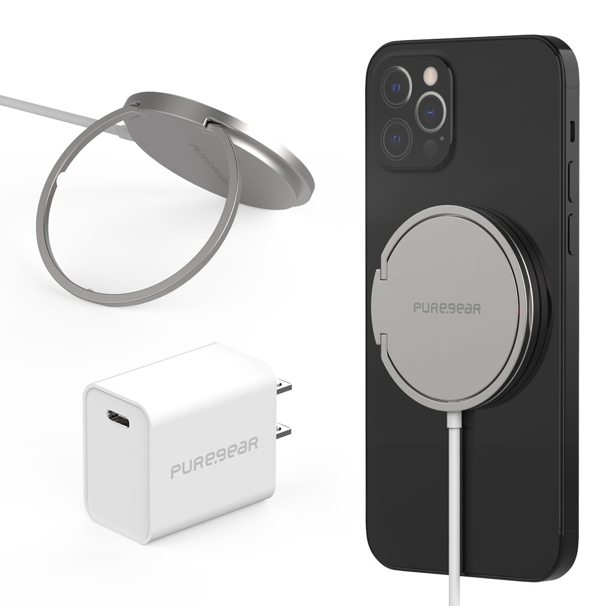 Puregear Kickstand 15w Qi-Certified Fast Magnetic Wireless Charging Pad For Iphone 15/15pro/15promax/14/13/12 Series Work With Magsafe Case, Airpods/Iphone 11, Galaxy S24 S20 & More Include Ac Adapter