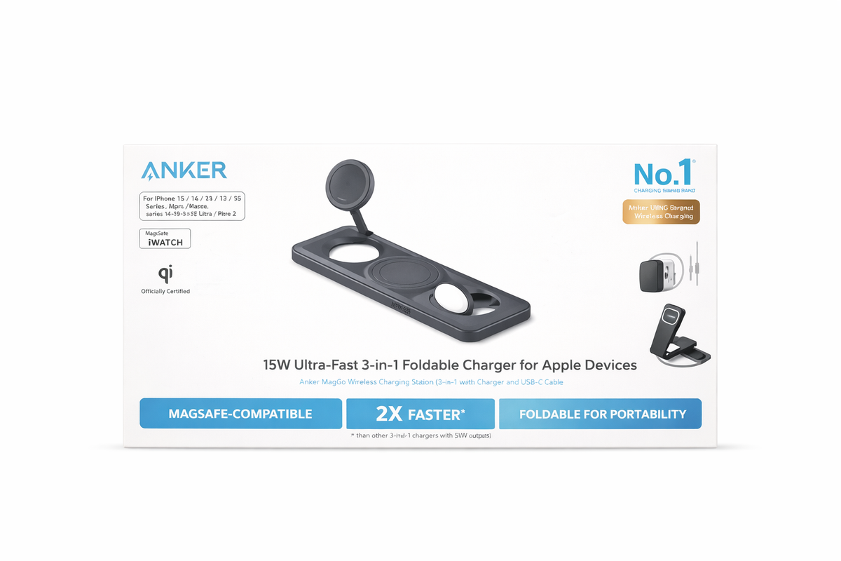 Anker 15W Qi 2.0 Foldable Wireless Charger 3-In-1 Pad for Apple Devices Black