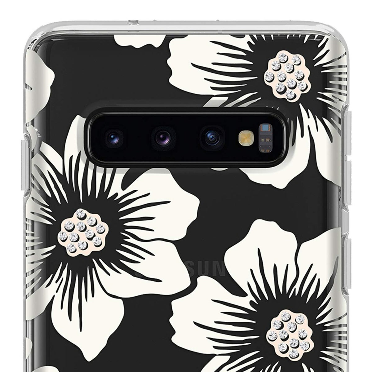Kate Spade New York Phone Case | For Samsung Galaxy S10 | Protective Clear Crystal Hardshell Phone Cases With Slim Design And Drop Protection - Hollyhock Floral Clear/Cream With Stones - 191058096562