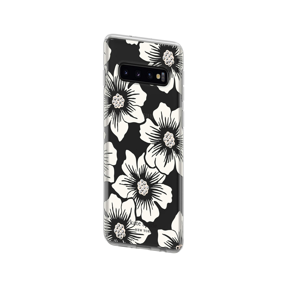 Kate Spade New York Phone Case | For Samsung Galaxy S10 | Protective Clear Crystal Hardshell Phone Cases With Slim Design And Drop Protection - Hollyhock Floral Clear/Cream With Stones - 191058096562