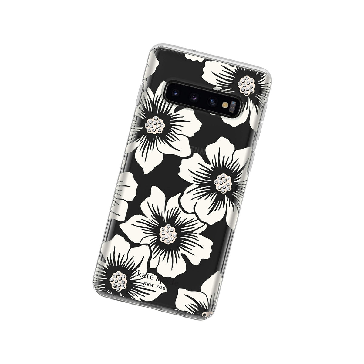 Kate Spade New York Phone Case | For Samsung Galaxy S10 | Protective Clear Crystal Hardshell Phone Cases With Slim Design And Drop Protection - Hollyhock Floral Clear/Cream With Stones - 191058096562