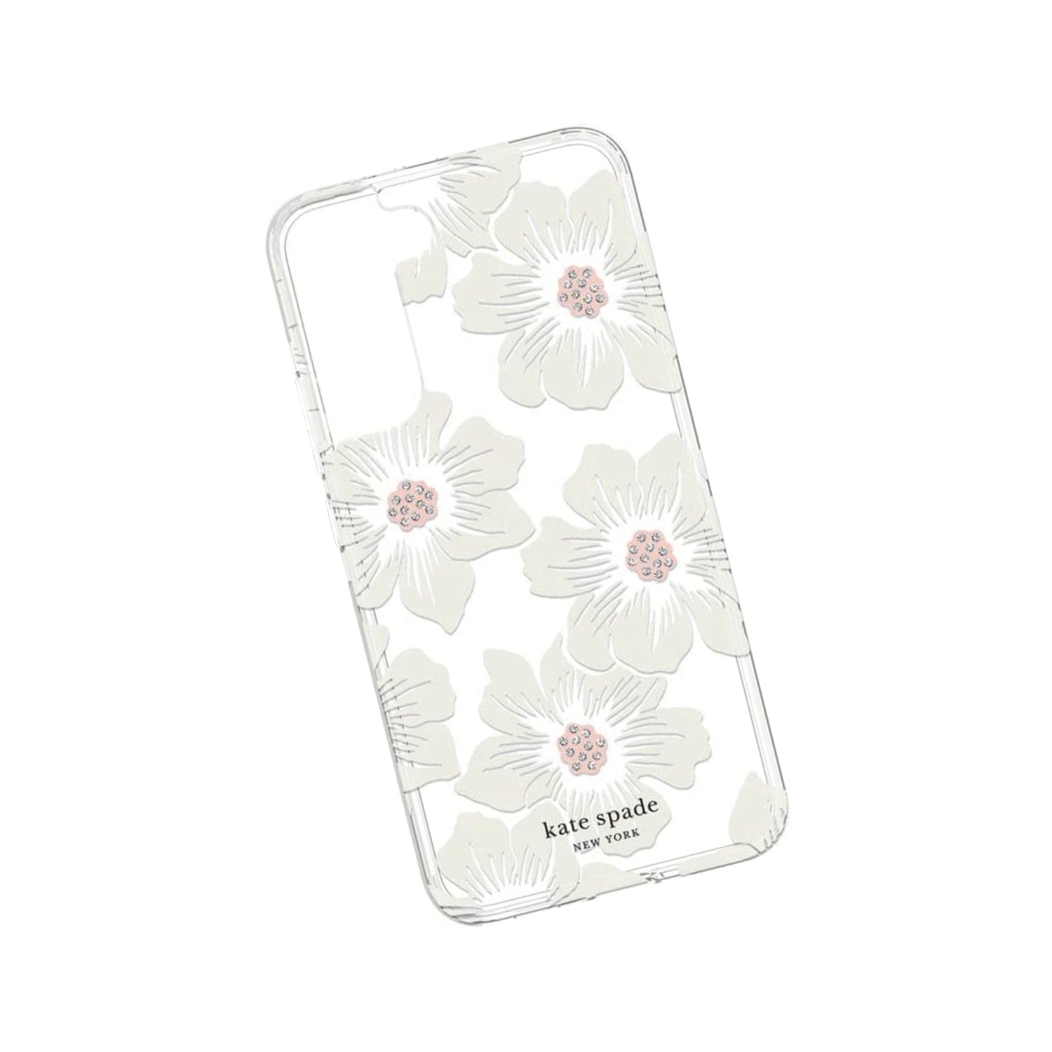 Kate Spade New York Defensive Hardshell Case For Samsung Galaxy S22 - Hollyhock Floral Clear/Cream With Stones/Cream Bumper - 650450008233
