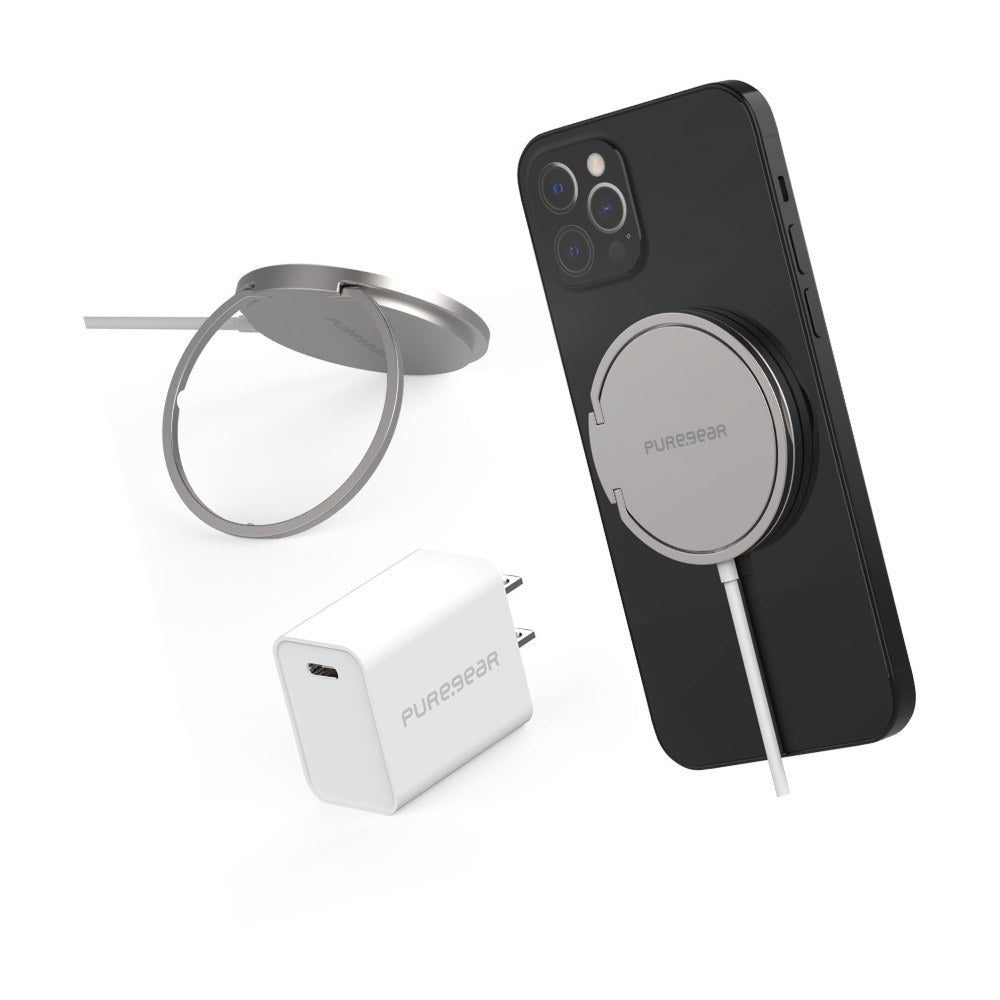 Puregear Kickstand 15w Qi-Certified Fast Magnetic Wireless Charging Pad For Iphone 15/15pro/15promax/14/13/12 Series Work With Magsafe Case, Airpods/Iphone 11, Galaxy S24 S20 & More Include Ac Adapter - 810032998516
