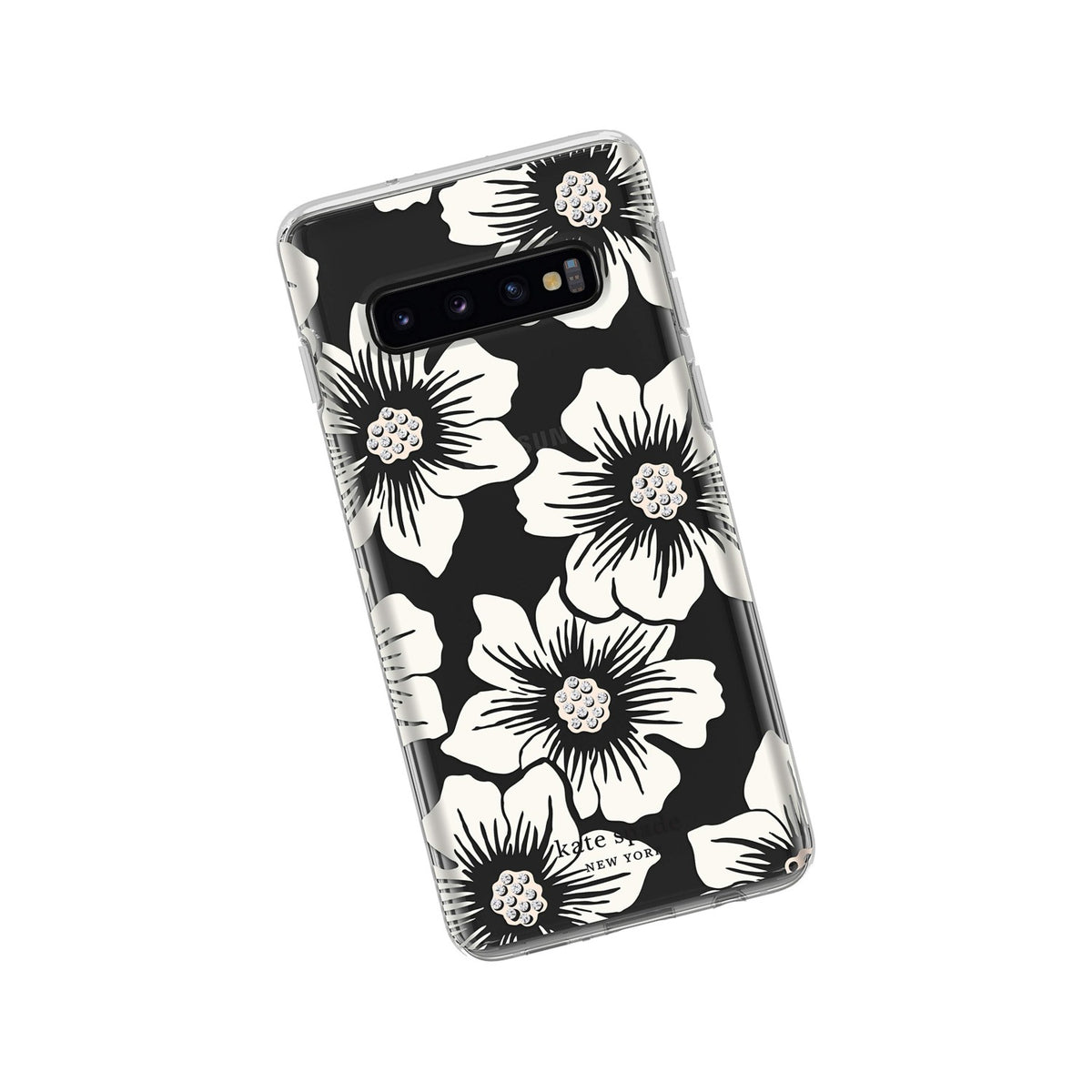 Kate Spade New York Phone Case | For Samsung Galaxy S10 | Protective Clear Crystal Hardshell Phone Cases With Slim Design And Drop Protection - Hollyhock Floral Clear/Cream With Stones - 191058096562
