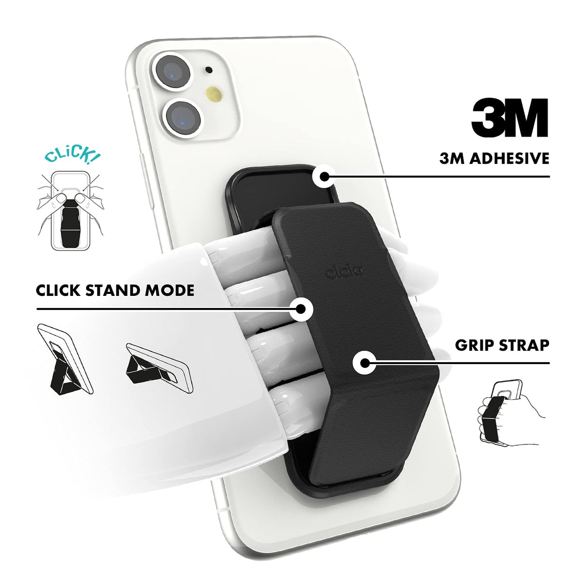 Clckr Phone Grip And Expanding Stand, Universal Phone Grip Holder With Multiple Viewing Angles For Iphone, Samsung, Phones, Tablets And Many More, Smooth Black - 8718846078566