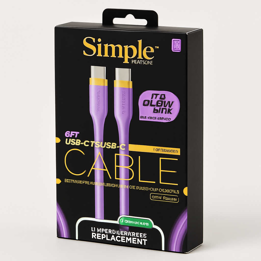Simple Glow In The Dark Purple Cable 6 Ft Usb-C To Usb-C