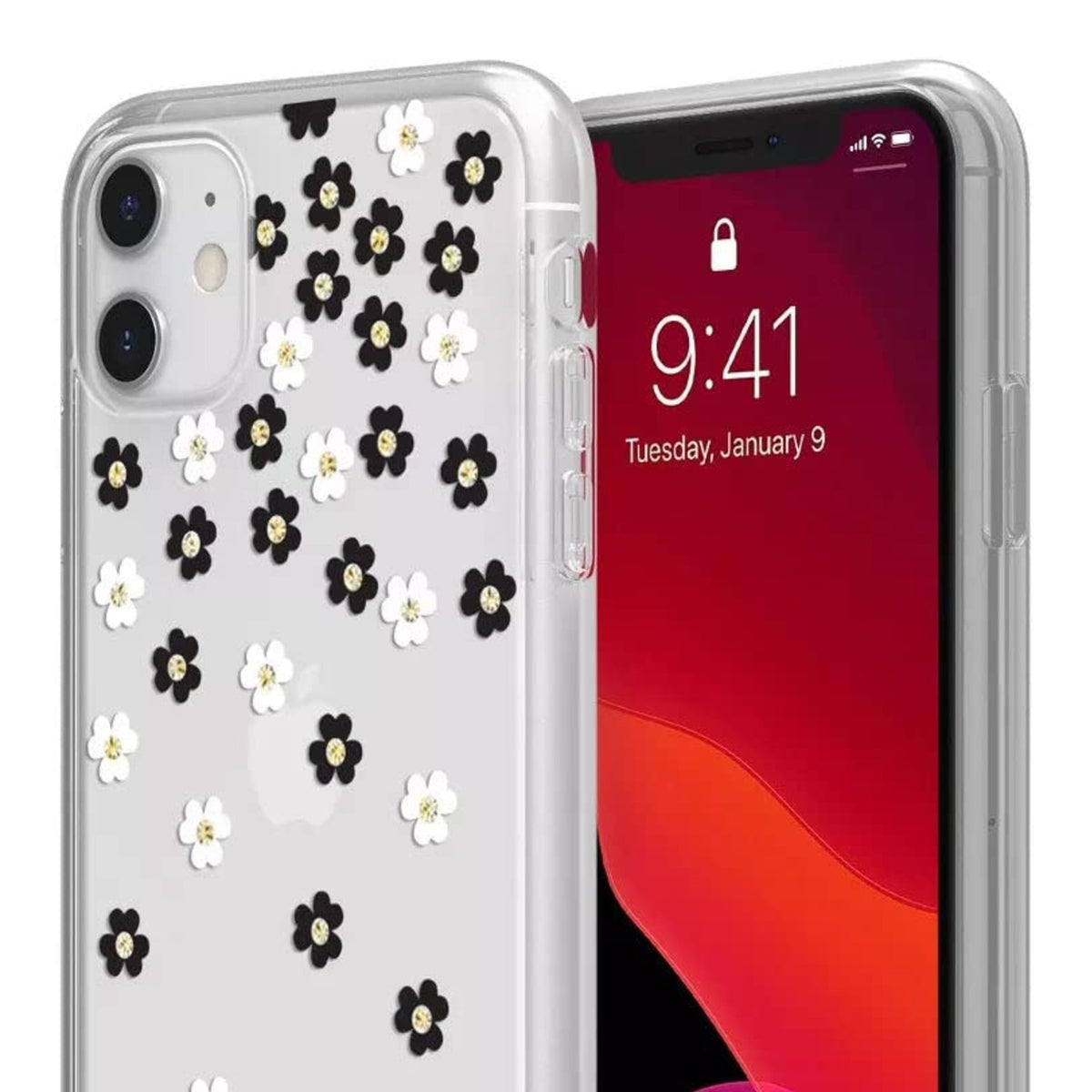 Kate Spade New York Protective Hardshell Case For Iphone 12 Mini - Scattered Flowers Black/White/Gold Gems/Clear/White Bumper - 191058122650